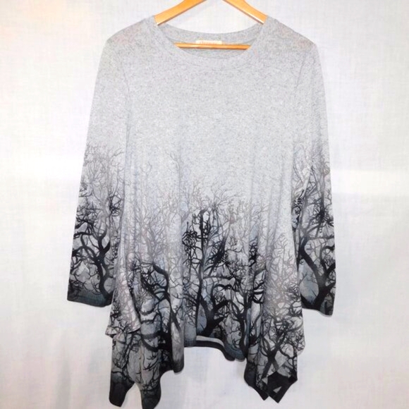 Orange Fashion Village Tops - Orange Fashion Village Grey Black Forrest Trees Womens L  / XL Knit Tunic Top